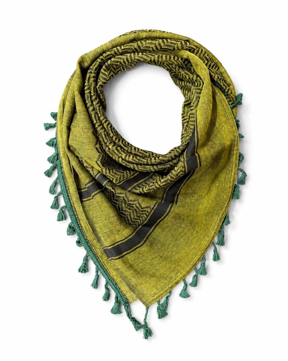 Olive Green Black Keffiyeh Scarf with Teal Tassels, Unisex Palestinian Kuffiyeh